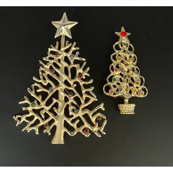 Lot of two Christmas Trees, gold tone with multi color stones - Picture 1 of 8